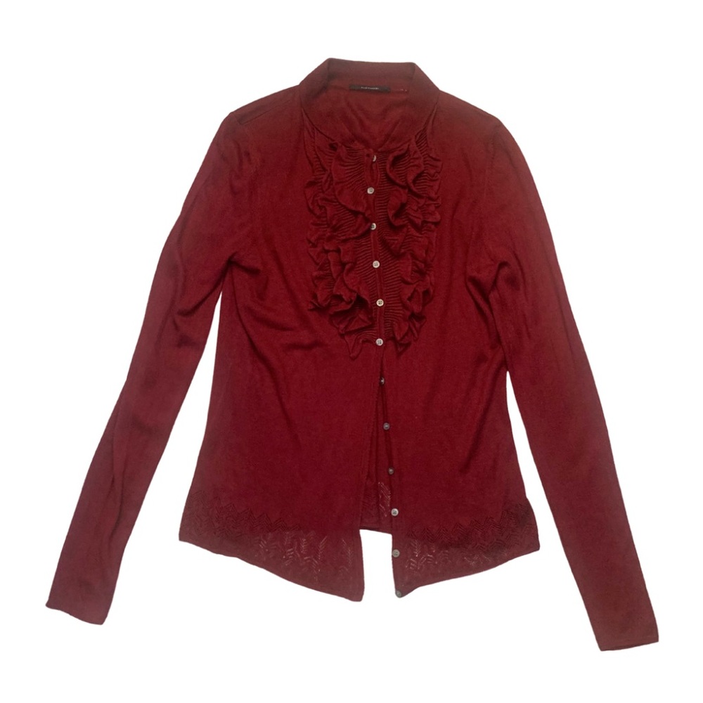 Elie Tahari Silk Red Wine Burgundy Ruffle Cardigan Sweater Quiet Luxury Romantic